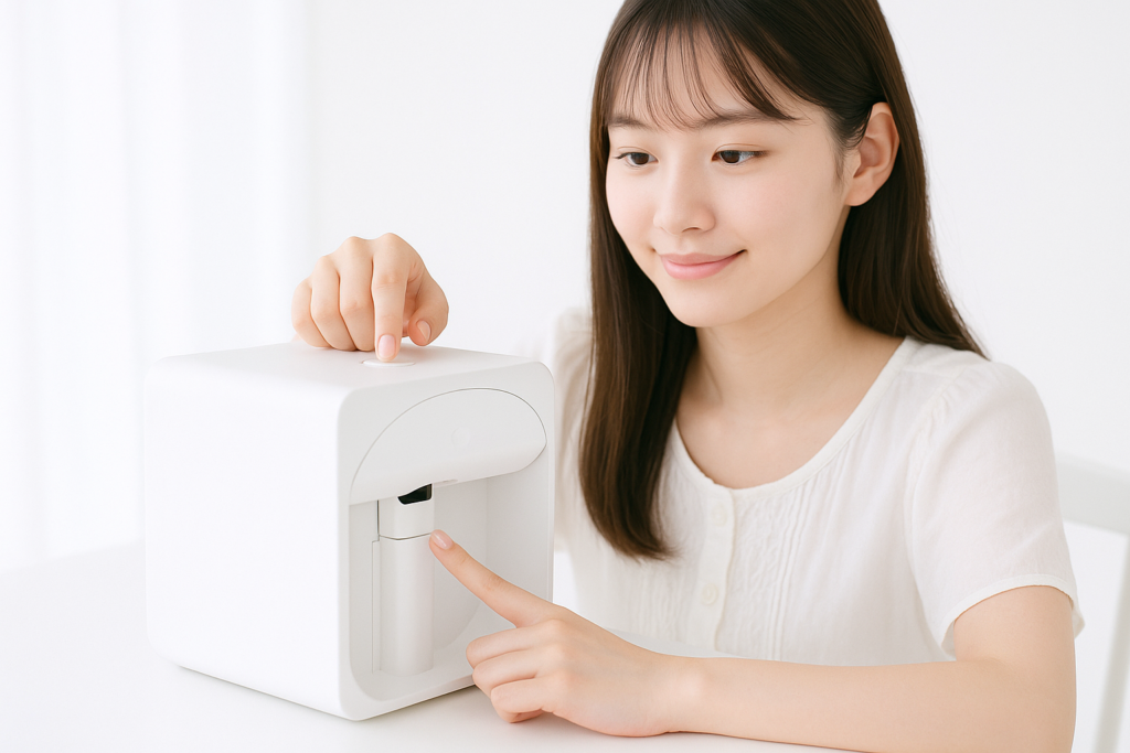 ネイルプリンターで痛ネイルを作成している女性