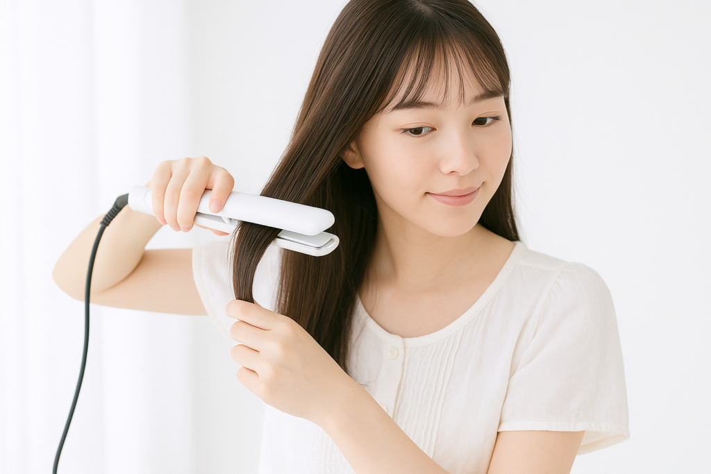 火傷しにくいヘアアイロンを使用している女性