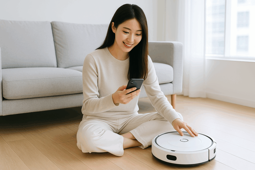 ルンバを使って床掃除をしている女性