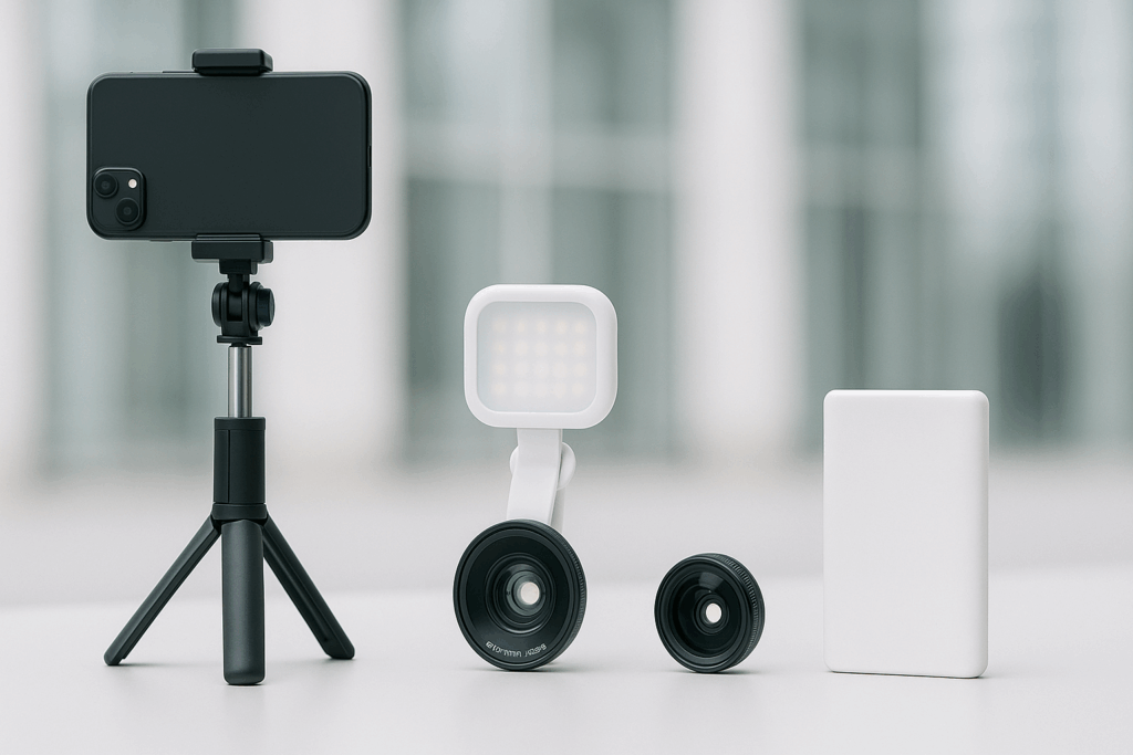 自撮り棒と広角レンズとモバイルバッテリーの画像