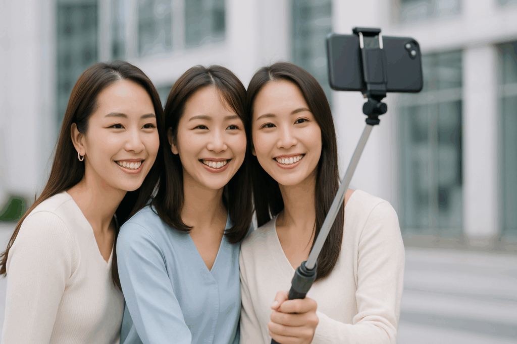 自撮り棒を使う女性