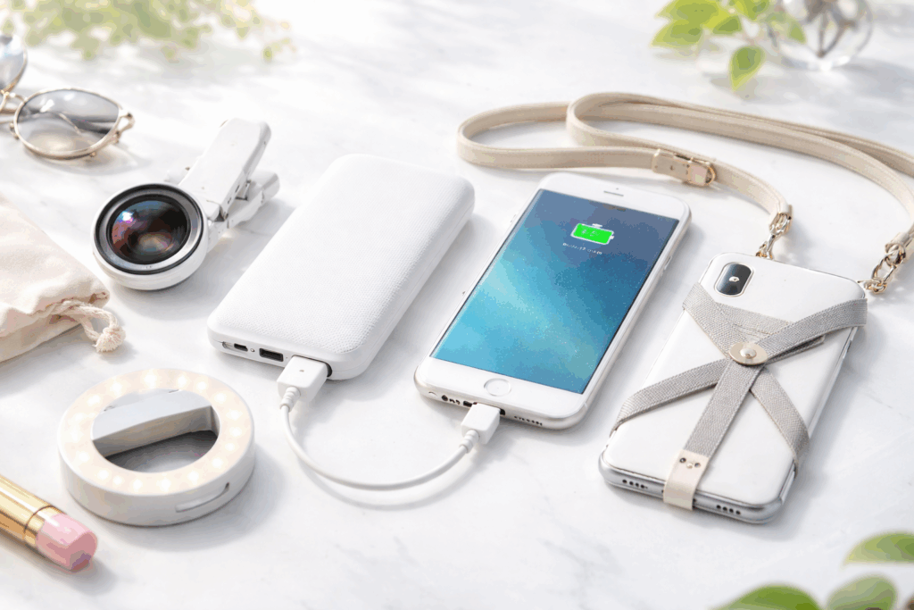 広角レンズ、モバイルバッテリー、スマホストラップ、小型ライトの画像