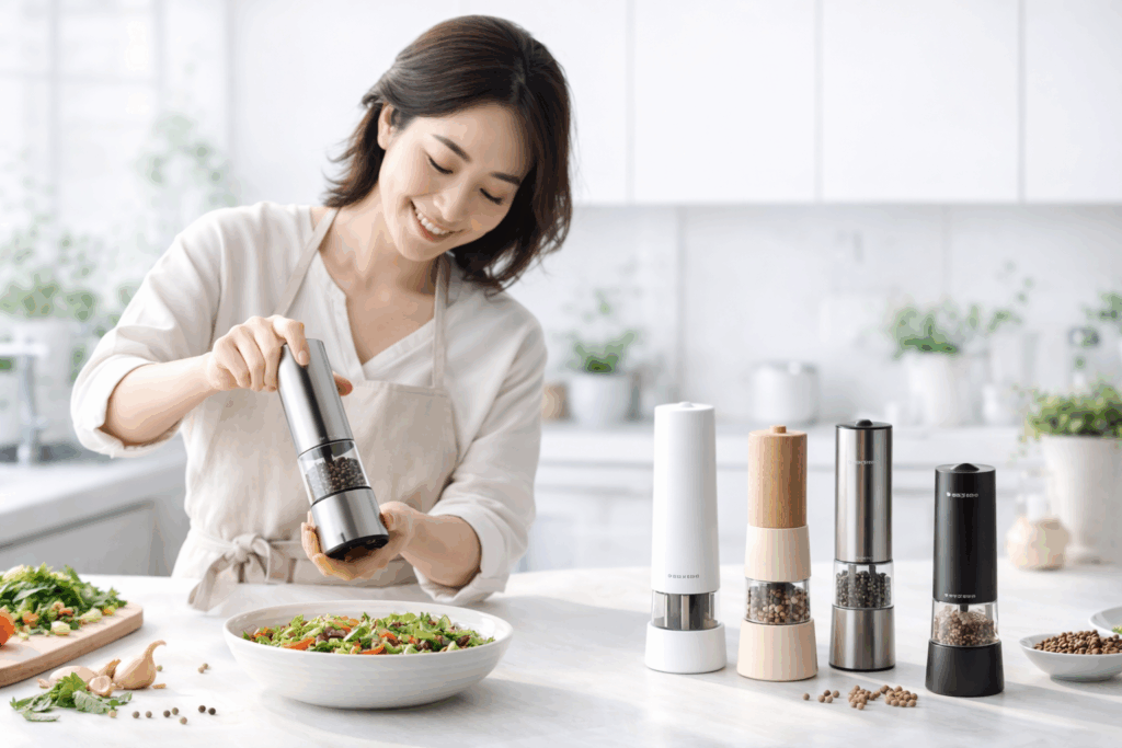 電動ミルを使う女性の画像