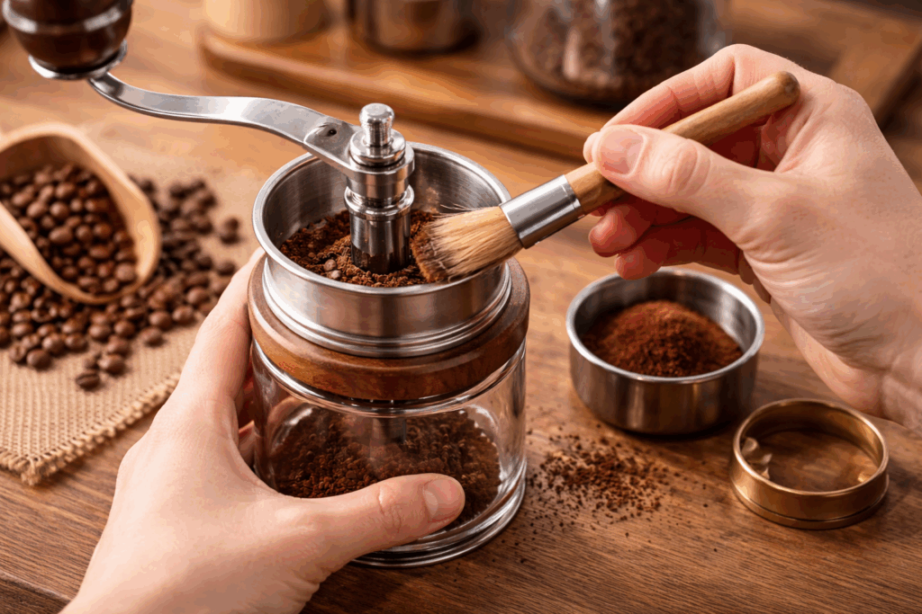 電動コーヒーミルを掃除している画像