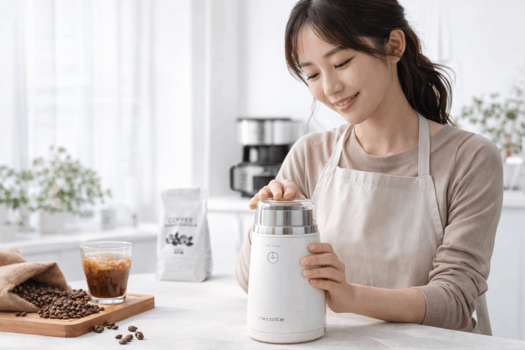 女性がコーヒーミルを使っている画像