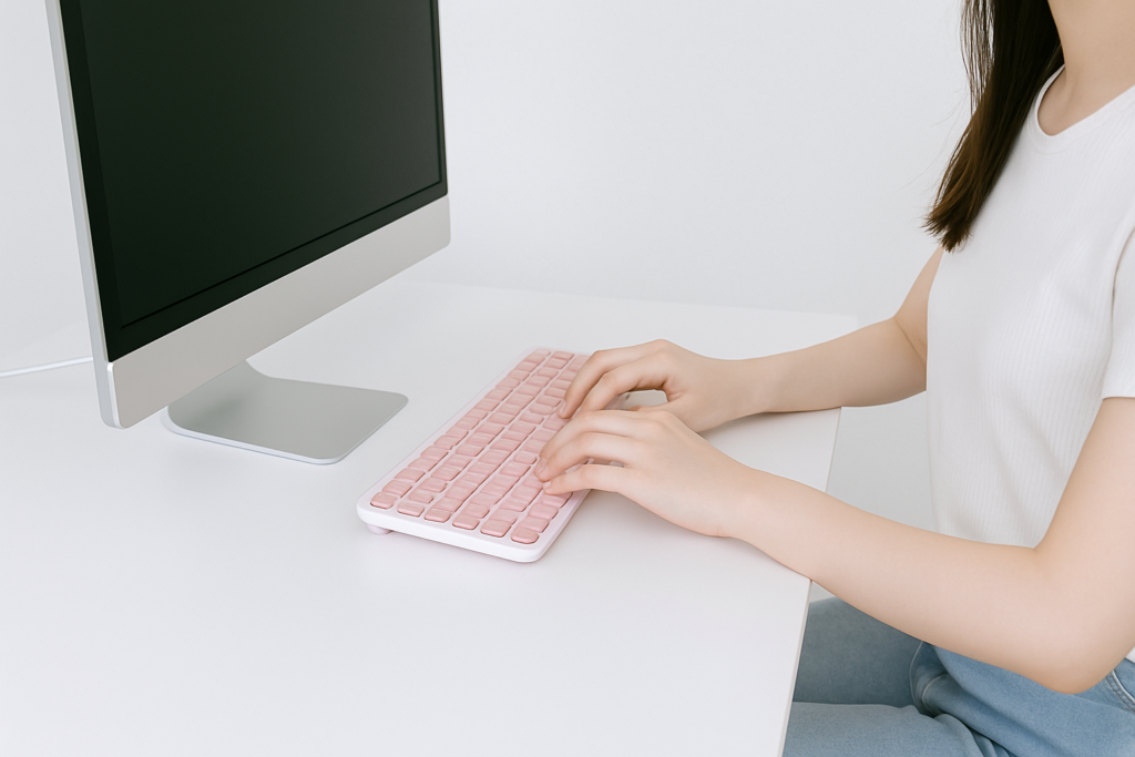 かわいいキーボードを使用している女性の画像
