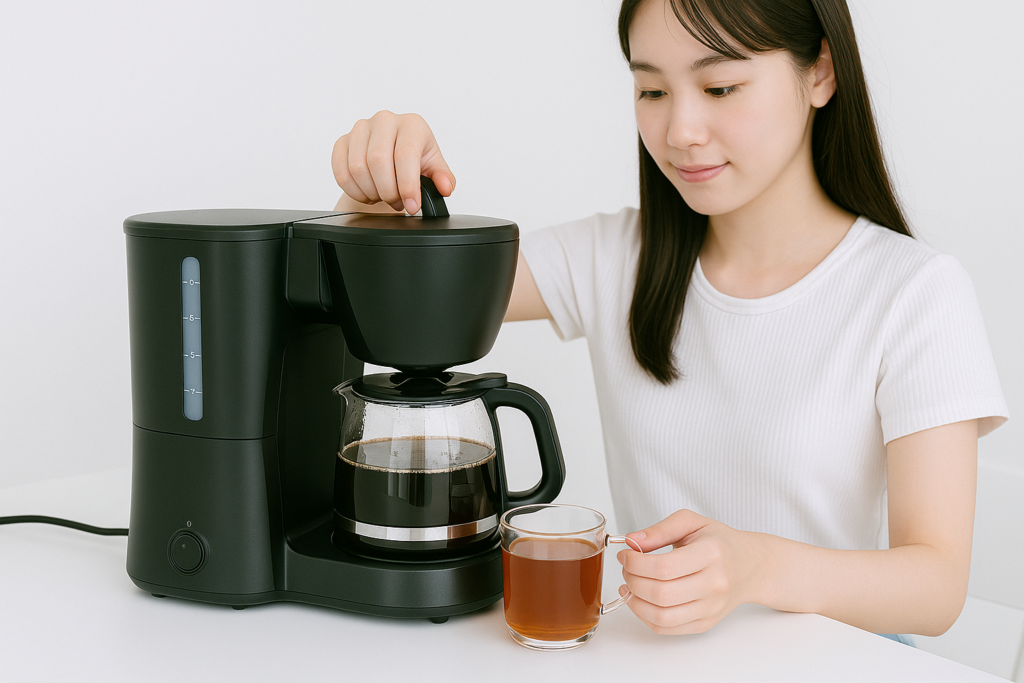 コーヒーメーカーで紅茶を淹れる女性
