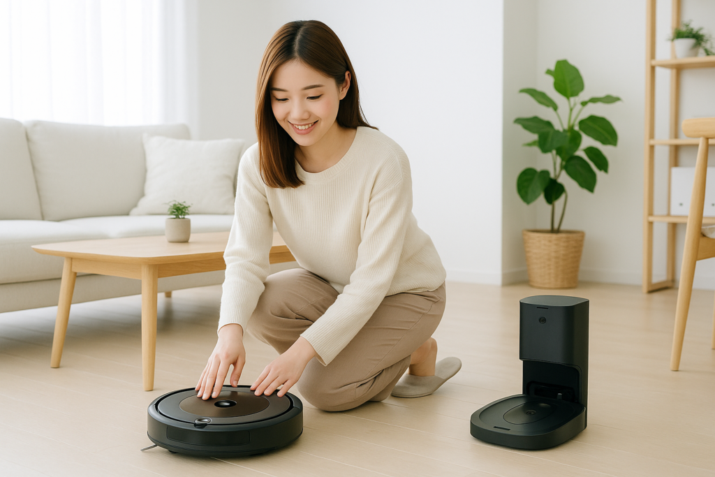クリーンベース付きのルンバを使う女性の画像