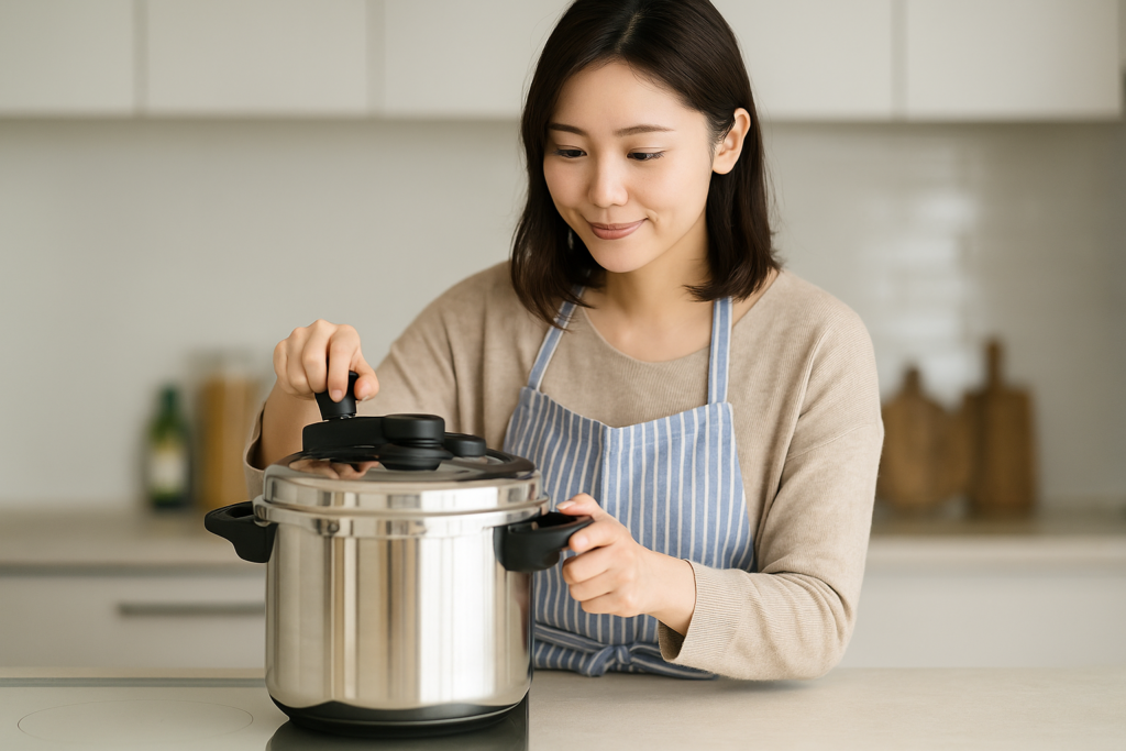 圧力鍋を使う女性の画像