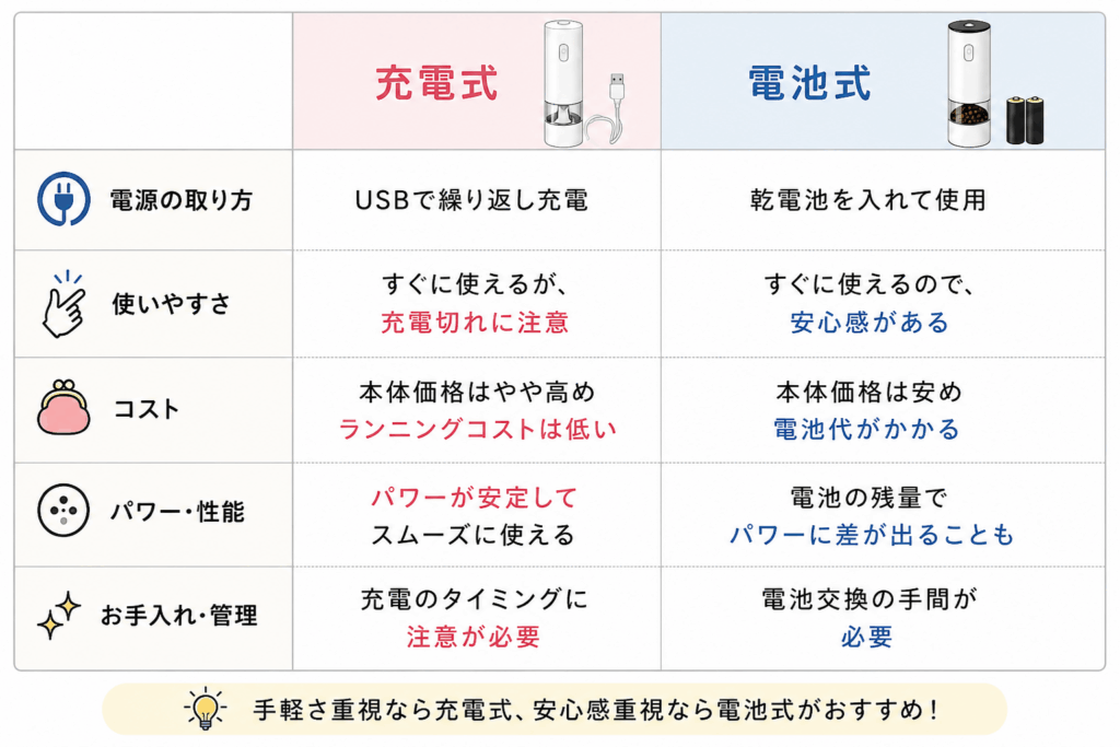 充電式と電池式のペッパーミルの比較表